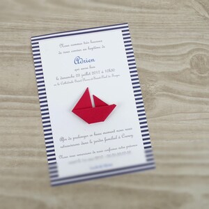 Birth announcement or baptism invitation sailboat origami boat - blue red for boy or girl handmade nautical