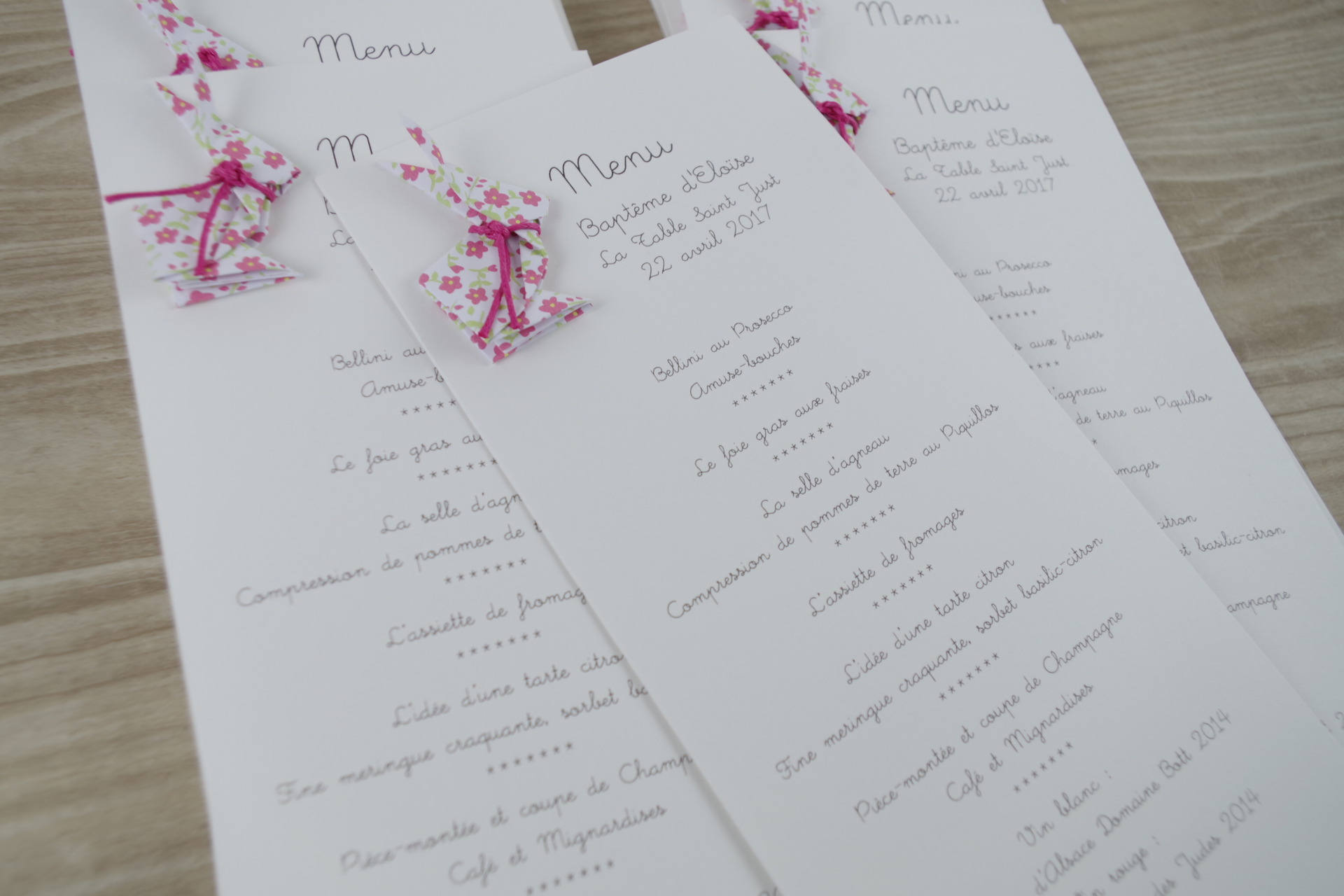 Menu Lapin en Origami Liberty Fuchsia Pour Baptême, Anniversaire