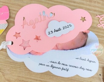 Faire part de naissance Nuage Rose avec photo / invitation baptême / tendance pour fille