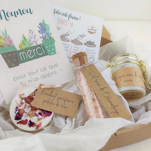 Coffret cadeau pour nounou, maîtresse, ATSEM, box femme, carte à planter, bougie,  fondant, sel rose de l'Himalaya