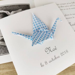Birth announcement or baptism invitation origami crane - double card - blue / handmade