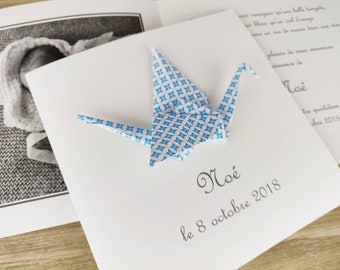 Faire part de naissance ou invitation baptême grue en origami - carte double - bleu / fait-main