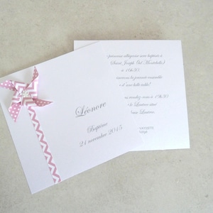 Faire part de naissance - baptême - remerciement moulin à vent pour fille - rose pastel - motif pois