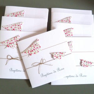 Faire part de naissance, invitation baptême pour fille - carte double, oiseaux en origami liberty rose et fuschia  fait main