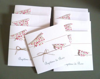 Faire part de naissance, invitation baptême pour fille - carte double, oiseaux en origami liberty rose et fuschia  fait main
