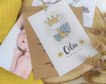 Faire part naissance à planter - invitation baptême à semer - écologique - girafe - savane - afrique - fille ou garçon - avec photo