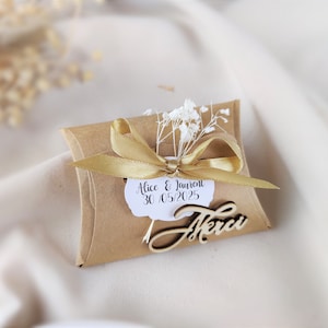 Boîte à dragées kraft, cadeau invités mariage, fleurs séchées, Merci en bois, cadeau de remerciement anniversaire, baptême, communion