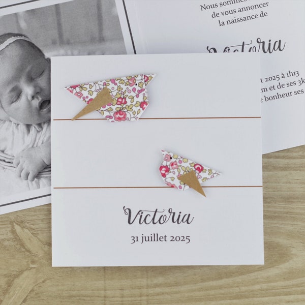 Faire part de naissance, invitation baptême pour fille - carte double, oiseaux en origami liberty Eloise fait main