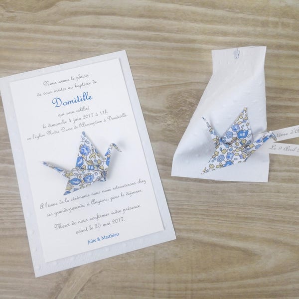 Faire part naissance ou invitation baptême grue en origami - liberty Eloise bleu - fait main