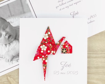 Faire part de naissance en origami fille garçon - carte double cigogne origami rouge et noir en papier japonais / haut