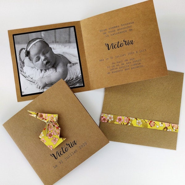 Faire part de naissance - invitation baptême - lapin en origami en papier japonais jaune fleurs photo kraft artisanal