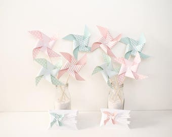 8 Mint green, water, salmon and peach windmill picks - party table decoration, candy bar, birthday,