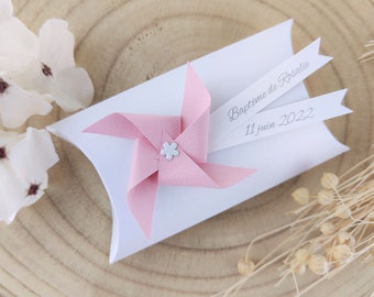 Boîte à dragées coussin + moulin à vent rose - cadeau de remerciement pour invités  anniversaire, baptême, mariage  fille