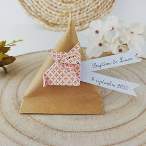 Boîte à dragées berlingot kraft baptême renard en origami orange - cadeau invités, fait main fille garçon