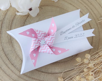 Boîte à dragées + moulin à vent coeur chevron rose pastel - cadeau de remerciement pour invités  anniversaire, baptême,