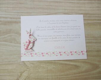 carte de remerciement naissance - baptême lapin rose liberty en origami fait-main produit artisanal