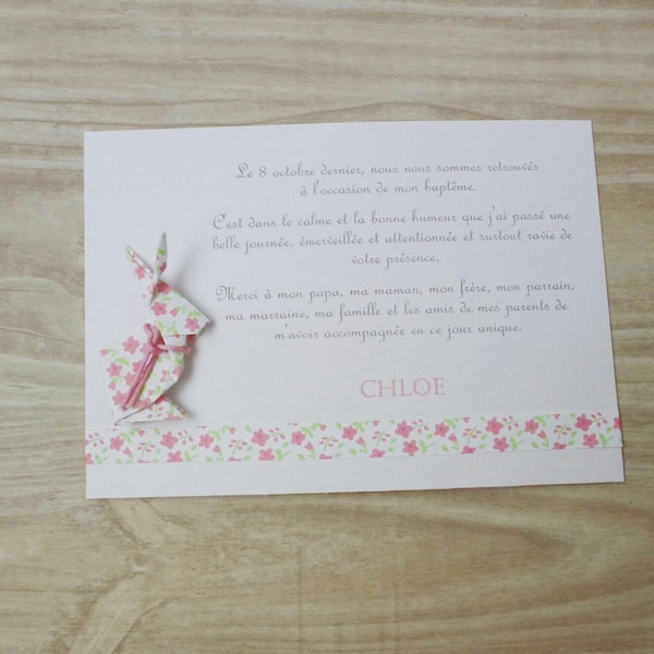 carte de remerciement naissance - baptême lapin rose liberty en origami fait-main produit artisanal