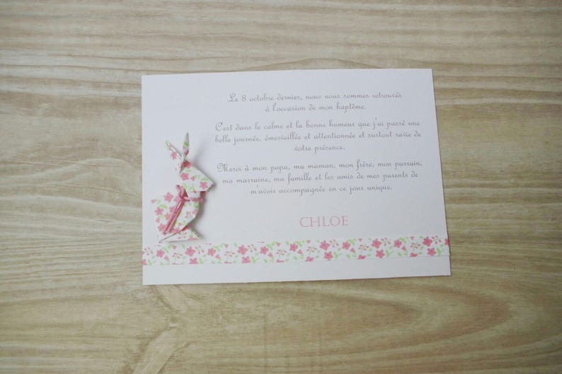 birth thank you card pink liberty rabbit baptism in handmade origami artisanal product image 1