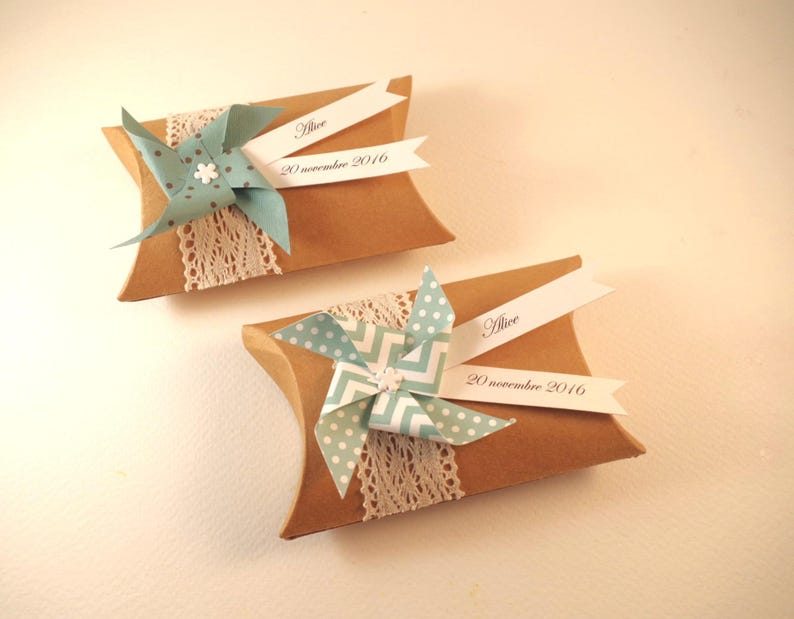 Kraft lace favor box mint green windmill thank you gift for birthday, baptism, wedding guests image 1