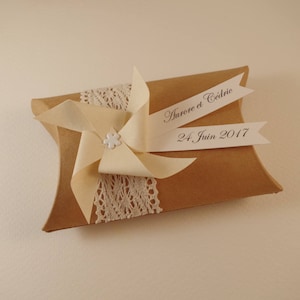 Boîte à dragées mariage kraft dentelle + moulin à vent beige - cadeau de remerciement invités  anniversaire, baptême, mariage