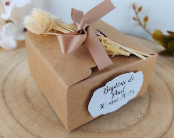 Kraft cube candy box, dried flowers, personalized label, birthday guest gift, baptism, wedding, country communion