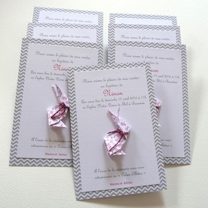 Faire part de naissance ou invitation baptême lapin en origami - lilas