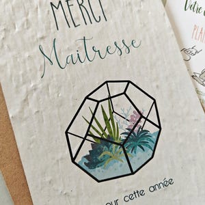 carte à planter merci maîtresse en papier ensemencé, carte à semer, illustration aquarelle