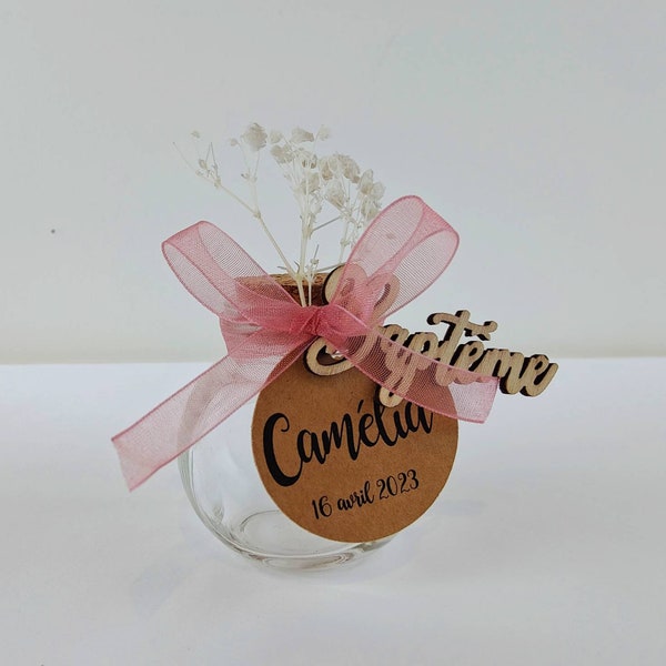 Glass dragées container, baptism guest gift, wood, dried flowers, thank you guests, girl, old pink, candy box