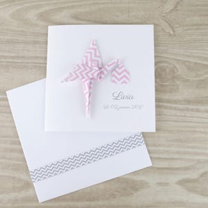 Faire part de naissance original pour fille - carte double papier vergé cigogne origami rose fait main