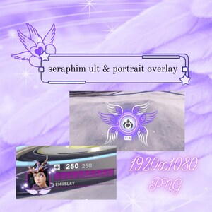 May include: A digital overlay design with a purple and white color scheme. The design includes the text "seraphim ult & portrait overlay" and a graphic of a character portrait with a health bar. The image is labeled "1920x1080 PNG".