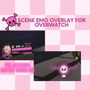 May include: Pink and black skull graphic with the text "SCENE EMO OVERLAY FOR OVERWATCH" and a pink and black Overwatch game HUD with the text "EMIISLAY" and a pink and black Overwatch game HUD with a pink and black skull graphic and the text "+250 250".