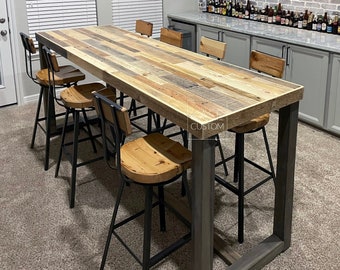 Reclaimed Wood Bar Table Restaurant Counter Community Communal Rustic Cafe Conference Office Pub High Top Long Thin Caster Wheels Power USB