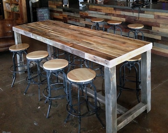 Reclaimed Wood Bar Table Restaurant Counter Community Communal Rustic Cafe Conference Office Pub High Top Long Thin Caster Wheels Power USB