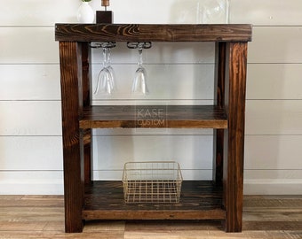 Reclaimed Wood Bar Cart Server Shelf for Liquor Stand Storage Glassware Stand with Wine Glass Holder Racks Cocktail Party Loft Handmade