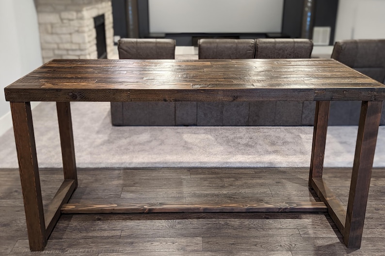 Long thin bar height table for theater seating. Espresso reclaimed wood high top table handmade to order in hard to find sizes.