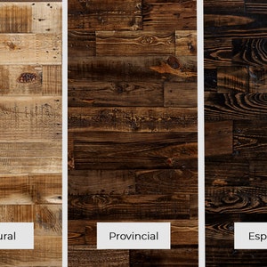 Finish options for reclaimed wood tables—natural, provincial, espresso.
