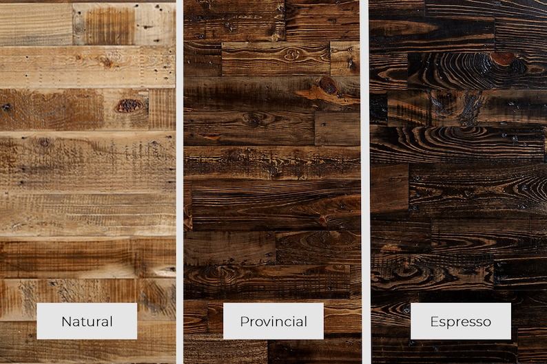 Finish options for reclaimed wood tables—natural, provincial, espresso.