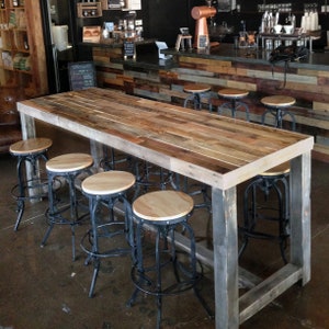 Reclaimed Wood Bar Table Restaurant Counter Community Communal Rustic Cafe Conference Office Pub High Top Long Thin Caster Wheels Power USB