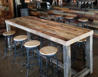 Reclaimed Wood Bar Table Restaurant Counter Community Communal Rustic Cafe Conference Office Pub High Top Long Thin Caster Wheels Power USB