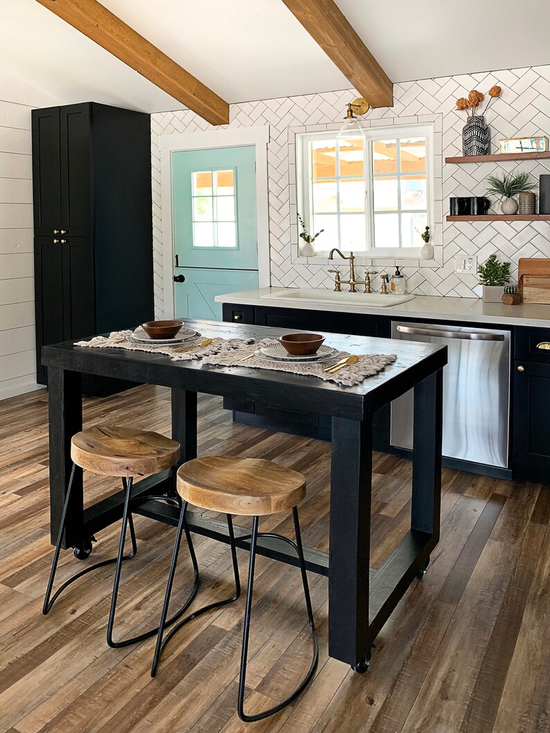 Black Onyx Reclaimed Wood Bar Table Kitchen Island Counter Community Communal Rustic Conference Office Pub High Top Locking Caster Wheels