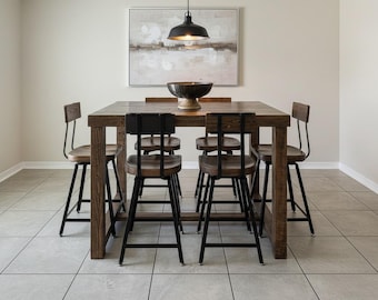 Narrow Counter Dining Table in Provincial | Reclaimed Wood | 36" Counter Height Table | Optional Charging Station & Caster Wheel Add-ons