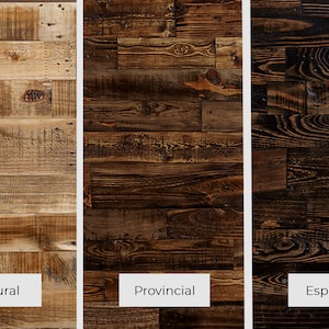 May include: Three wood panels showcasing different finishes: "Natural", a light, unfinished wood; "Provincial", a medium brown; and "Espresso", a dark, rich brown. Each panel is made of rectangular wooden planks.