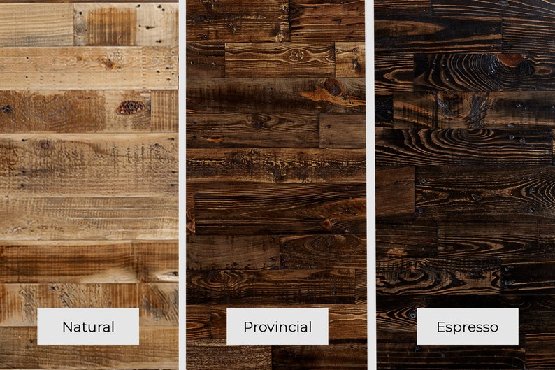 May include: Three wood panels showcasing different finishes: "Natural", a light, unfinished wood; "Provincial", a medium brown; and "Espresso", a dark, rich brown. Each panel is made of rectangular wooden planks.