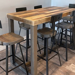 Reclaimed Wood Bar Table Restaurant Counter Community Communal Rustic Cafe Conference Office Pub High Top Long Thin Caster Wheels Power USB image 2