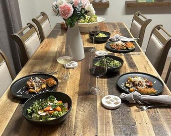 Handmade Reclaimed Wood Dining Table - Natural Finish, Rustic Farmhouse Style