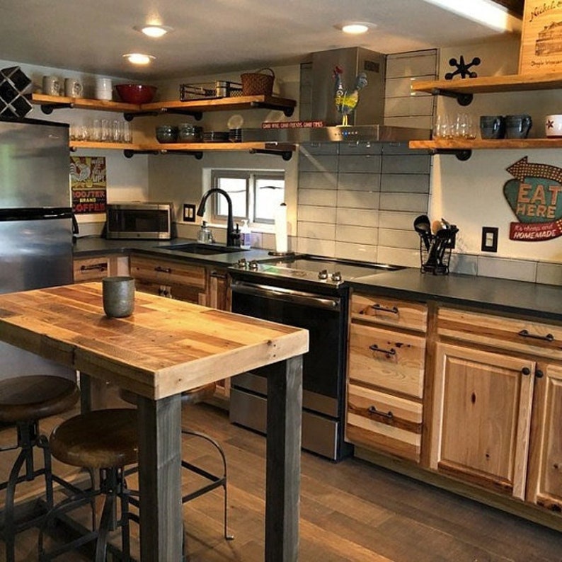 Reclaimed Wood Kitchen Island Counter Height Table Rustic Optional Caster Wheels image 3