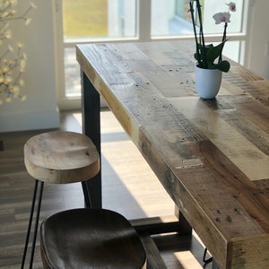 Reclaimed Wood Bar Table Restaurant Counter Community Communal Rustic Cafe Conference Office Pub High Top Long Thin Caster Wheels Power USB image 6