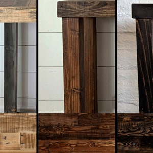 May include: A collection of wooden furniture pieces, showcasing various finishes. The image displays a table or desk with gray-stained legs and a natural wood top. Other sections feature brown and dark-stained wood, highlighting the grain and texture.