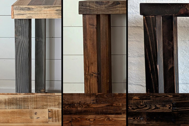 May include: A collection of wooden furniture pieces, showcasing various finishes. The image displays a table or desk with gray-stained legs and a natural wood top. Other sections feature brown and dark-stained wood, highlighting the grain and texture.