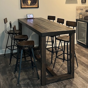 Reclaimed Wood Bar Table in Espresso Restaurant Counter Community Communal Rustic Gathering Conference Office Meeting Pub High Top Casters